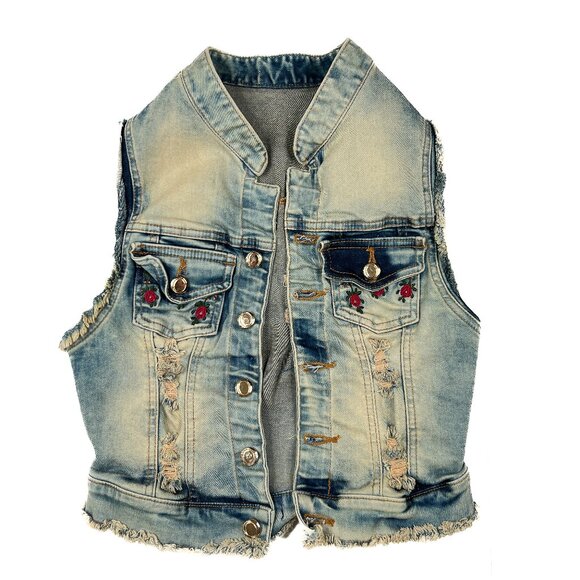 '90s Vintage Acid-Wash Rose Embroidered Destroyed Goth Denim Jeans Vest Size 6 - Picture 2 of 13